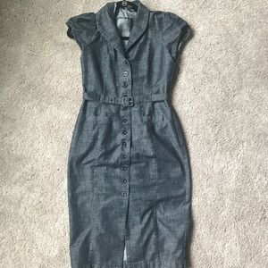 Denim shawl collar work dress with matching belt